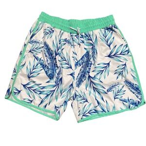 Unbranded Mens White XL Board Shorts Blue & Green Palm Fronds Pockets Green Trim